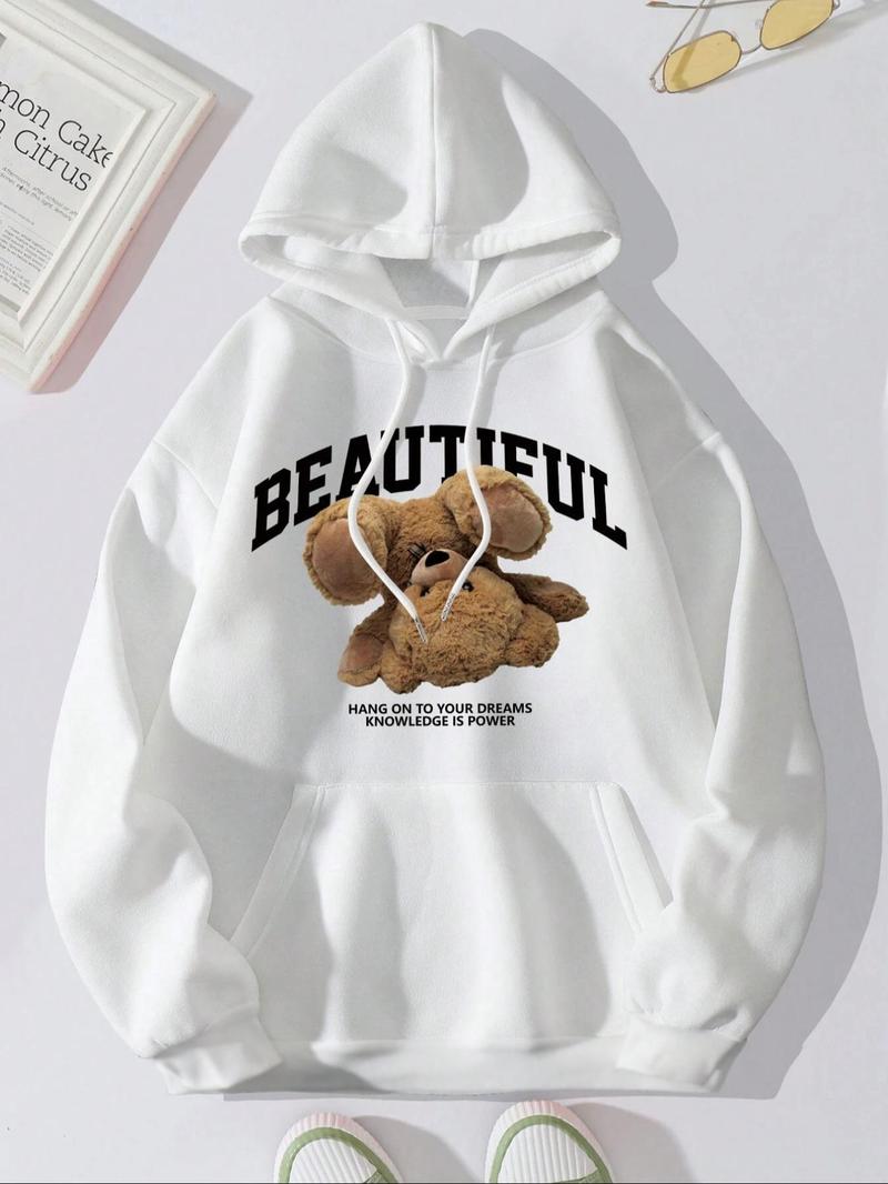 Product Introduction of Women's Letter & Bear Print Hoodie, Casual Long Sleeve Hooded Sweatshirt for Fall & Winter, Women's Clothes for Daily Wear 1