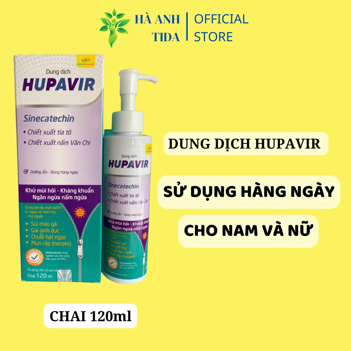 [Che tên] Dung dịch vệ sinh Hupavir Sinecatechin Clean lọ 120ml rửa vệ sinh hàng ngày hỗ trợ herpes, chuỗi hạt ngọc, sùi mào gà, gai dành cho cả nam và nữ