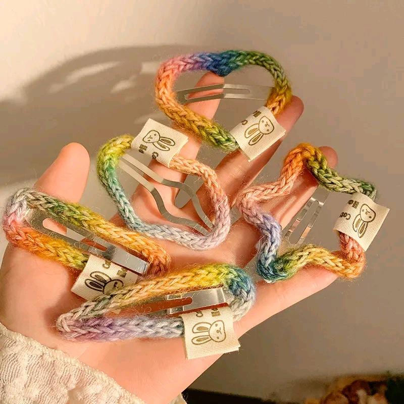 Cute Rainbow Color Wool Woven Barrettes Female Forehead Hairpin Side Fringe Clip Back Head BB Clip Hairware 2