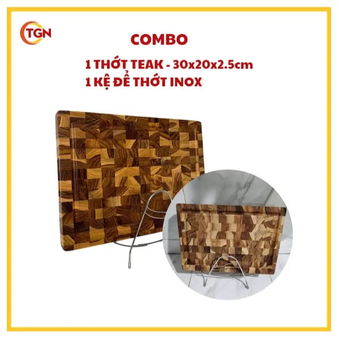 Combo 01 Thớt gỗ Teak KATANA hình chữ nhật 20x30x2.5cm và 01 Giá để thớt bằng Inox
