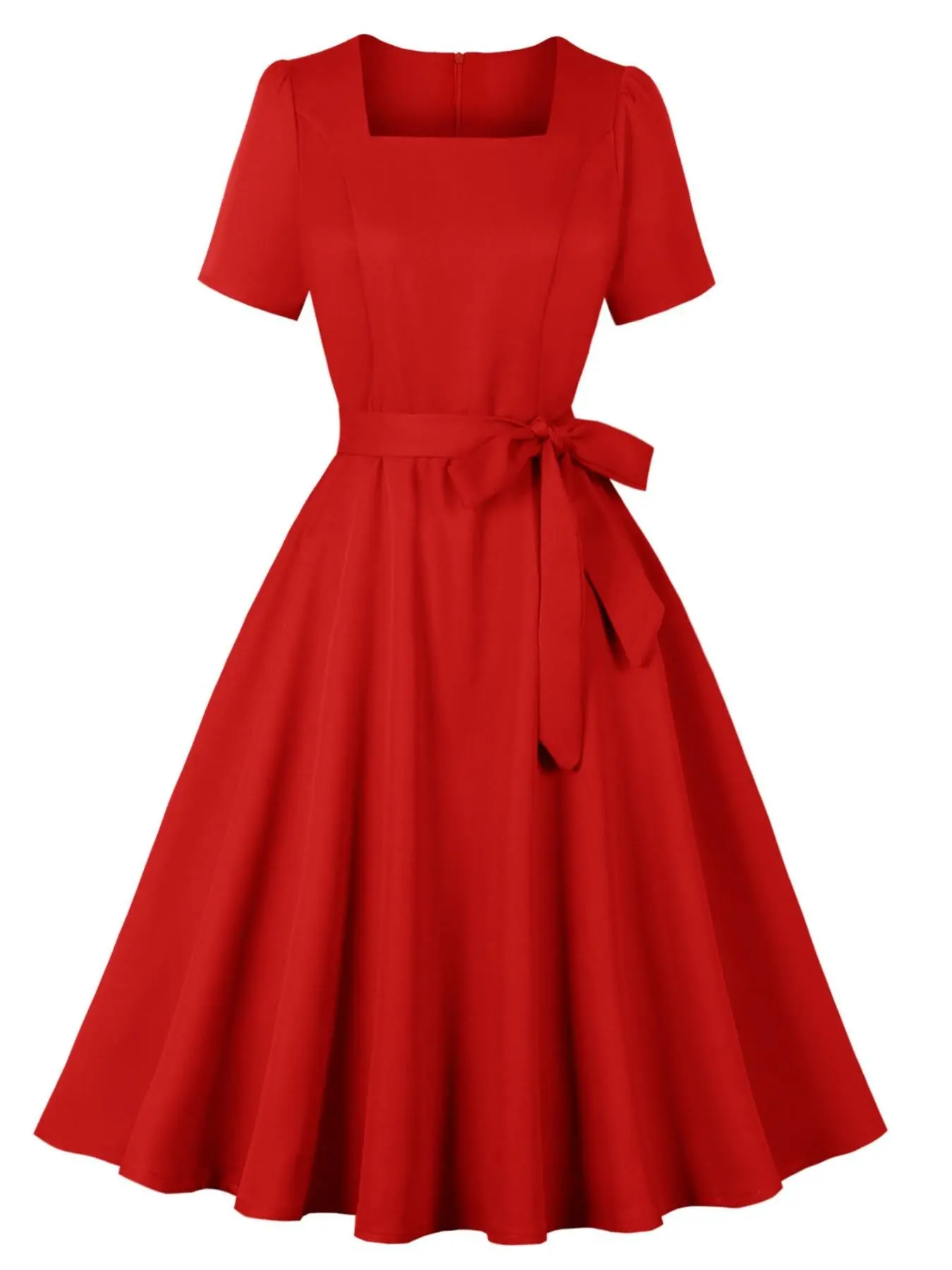 Women's Solid Square Neck Belted A Line Dress, Elegant Short Sleeve Knee Length Dress for Party Wedding Guest, Ladies Summer Clothes