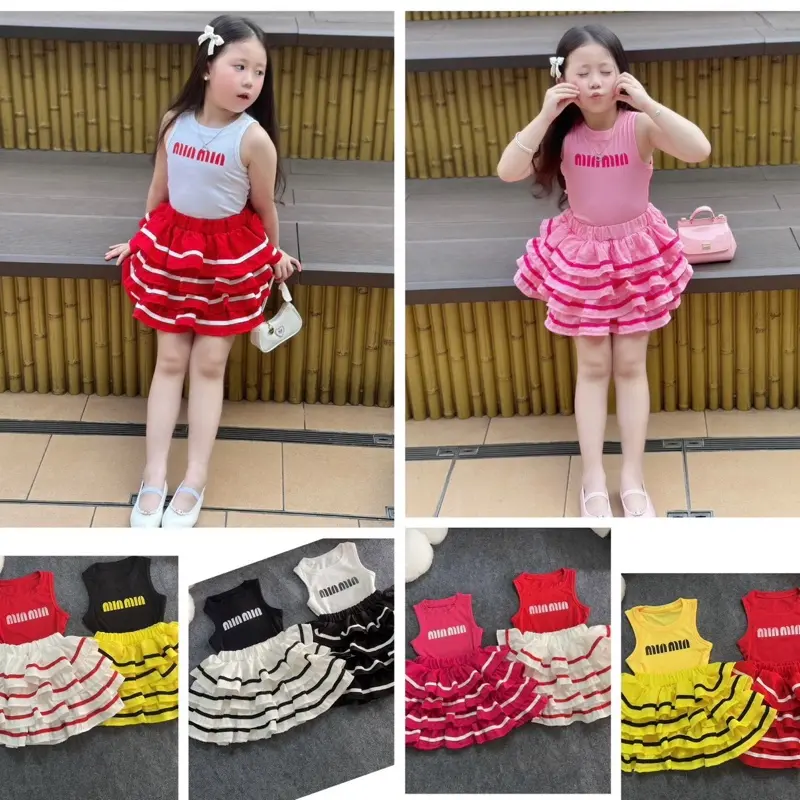Bộ chân váy 4 tầng bồng bềnh phối dây viền + áo thun ba lỗ ( chữ min min) cho bé gái