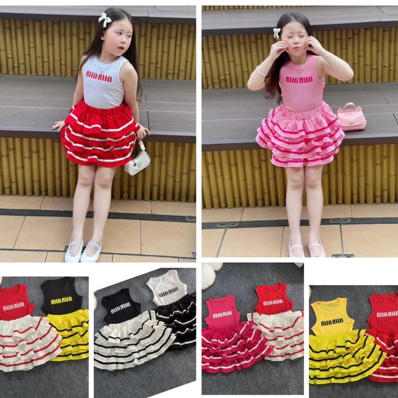 Bộ chân váy 4 tầng bồng bềnh phối dây viền + áo thun ba lỗ ( chữ min min) cho bé gái