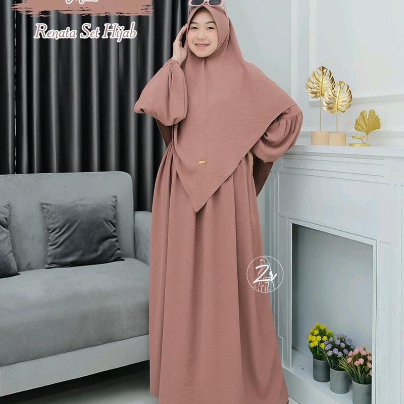 GAMIS RENATA SET HIJAB ORI ZR CRINKEL PREMIUM // GAMIS CRINKEL DEWASA Polos Putih Hitam Navy Dress Karet Wanita Muslim Crinkle  Airflow Wudhu Panjang Manset Kantong 2