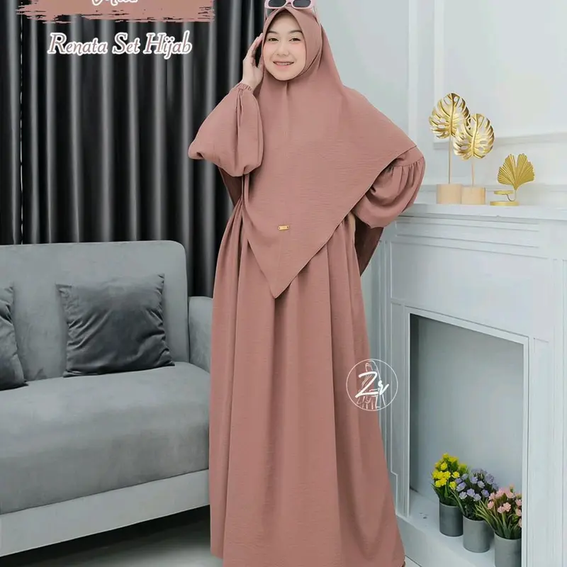 GAMIS RENATA SET HIJAB ORI ZR CRINKEL PREMIUM // GAMIS CRINKEL DEWASA Polos Putih Hitam Navy Dress Karet Wanita Muslim Crinkle  Airflow Wudhu Panjang Manset Kantong 2