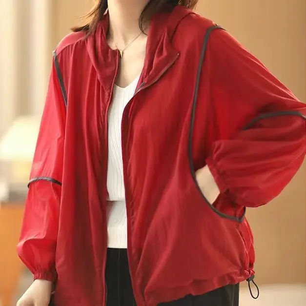 #D0427# Summer thin sun protection cardigan jacket, women's new western-style loose and versatile hooded top trend Lingerie Lady Outerwear Bridal Basic Collar