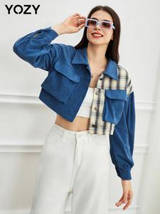 YOZY Women's Spring Fall Plaid Print Button Front Drop Shoulder Crop Jacket, Casual Pocket Design Lapel Long Sleeve Outerwear For Daily Wear, Women's Clothing