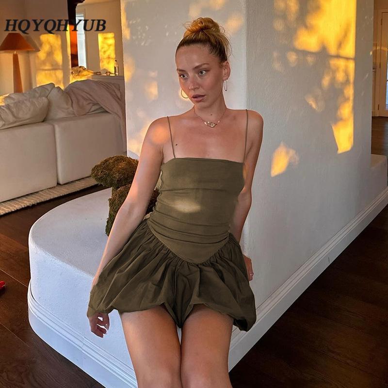 Product Introduction of Women Spaghetti Strap Sleeveless Dress Casual Summer Solid Color Bubble Hem A-Line Mini Party Dress for Streetwear 36
