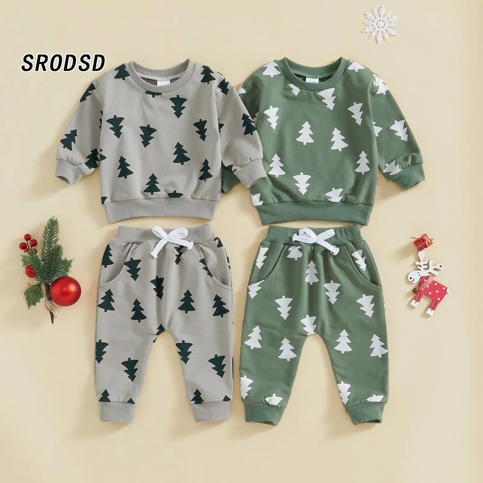 Baby 2Pcs Christmas Outfits Long Sleeve Tree Print Sweatshirt and Pants Set Toddler Clothes