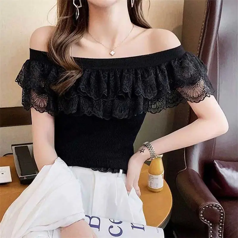 Áo Thun Mùa hè, vải gạc Chắp Vá, ngắn Tay, thiết kế lệch vai, phong cách Gợi Cảm và Thường Ngày Nữ Top 4