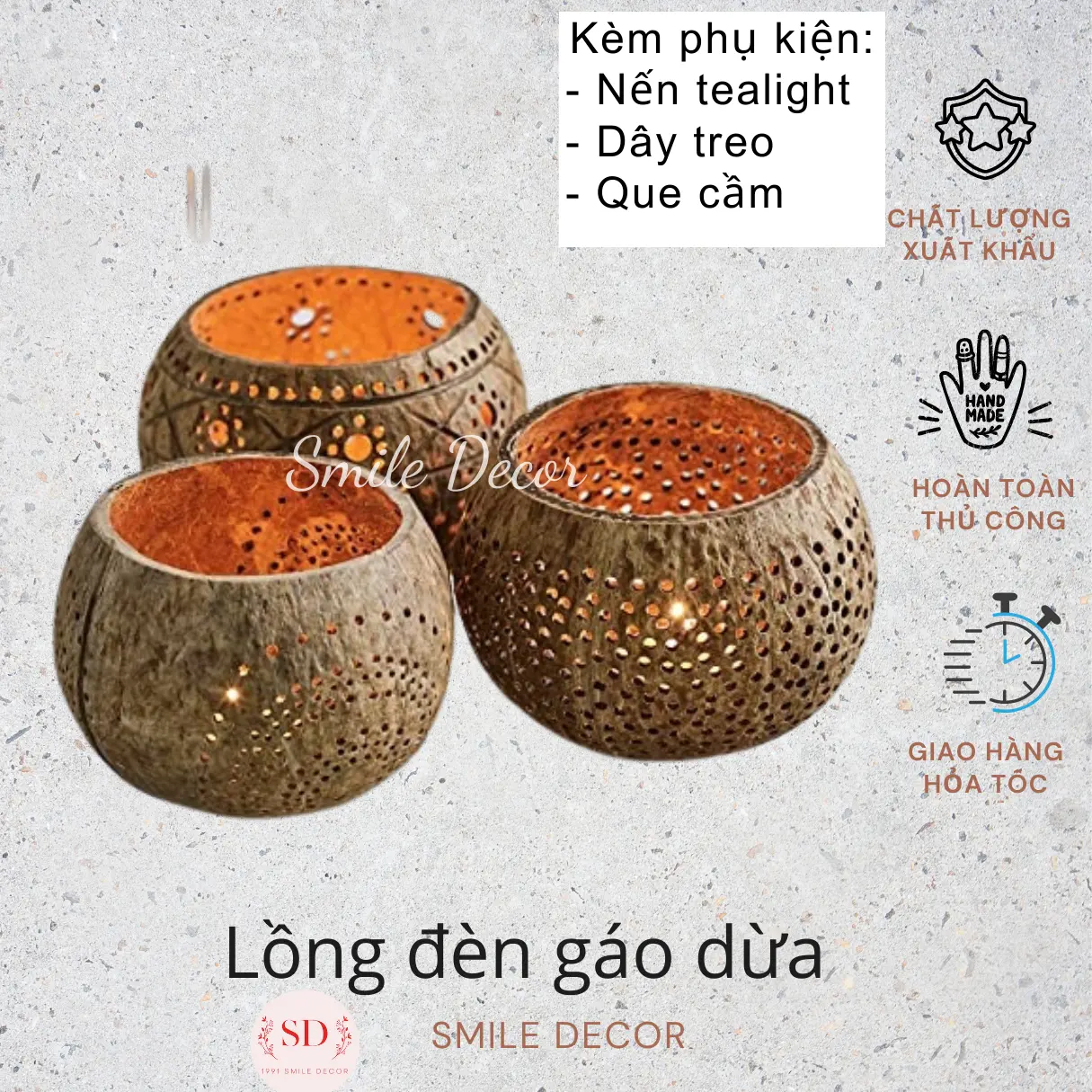 Lồng đèn trung thu bằng gáo dừa Smile Decor thủ công độc đáo , truyền thống , vintage (kèm phụ kiện) - Set coconut shell candle handles
