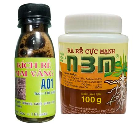 Combo KÍCH RỄ MAI VÀNG A01 100ml và 100gr phân bón RA RỄ CỰC MẠNH N3M (Công ty Sinh Hóa Nông Phú Lâm) dùng giâm chiết cành, phục hồi cây suy yếu