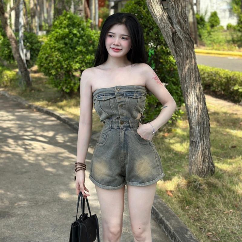 Set jum jean quần ngắn khoét eo phối hàng cúc giữa PLS290