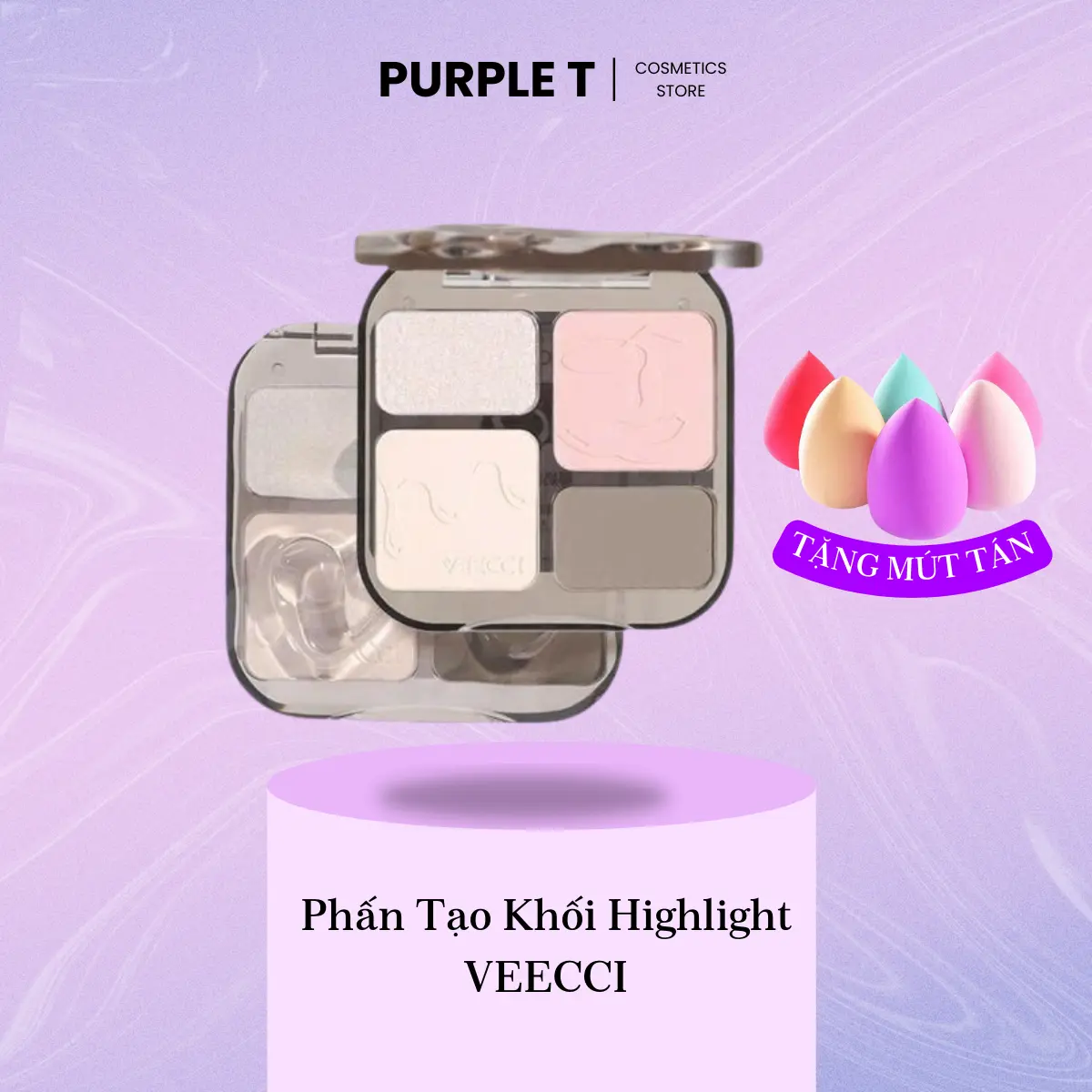 Bảng Phấn Tạo khối VEECCI, Kèm Bắt Sáng 4 Ô Đa năng tích hợp Má hồng