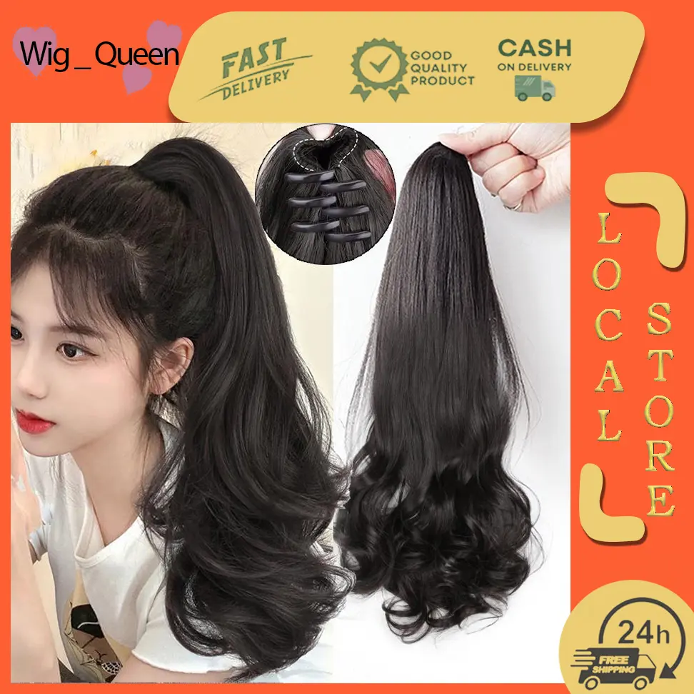 【COD&Spot goods】Wig Queen 55CM Long Curly Wig Hair Clip Wig Extensions Ponytail Heat Resistant Synthetic Hairpiece for Children and Women  with Clip Natural Curly Hair Bun Wig Black Beige Long Wavy