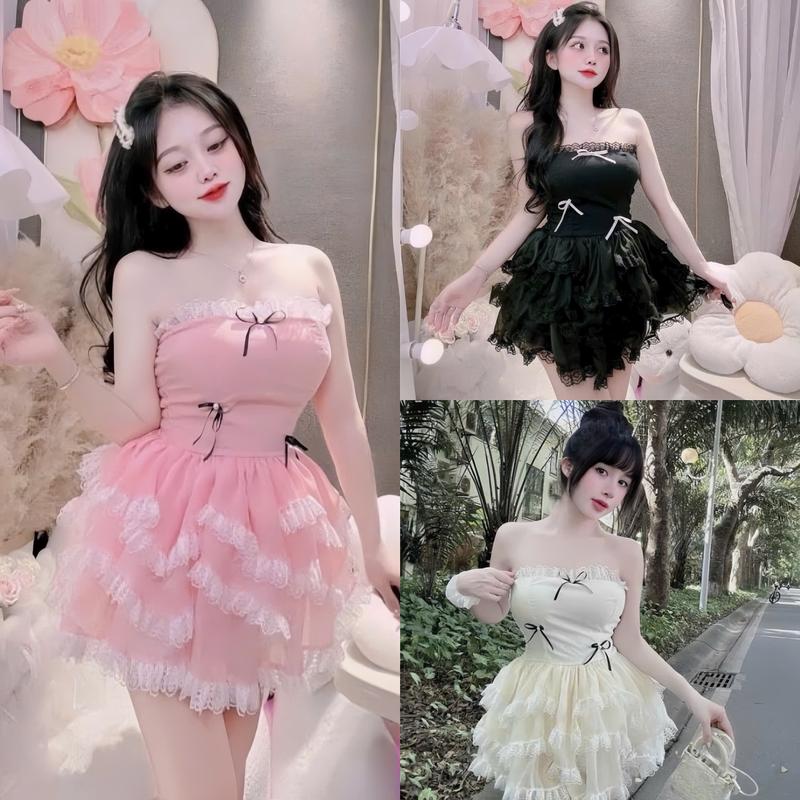 Đầm váy nữ cúp ngực phối ren đính nơ chất tăm xinh xắn phù hợp cho các nàng diện đi chơi đi tiệc, dể thương sang chảnh Top Women 0