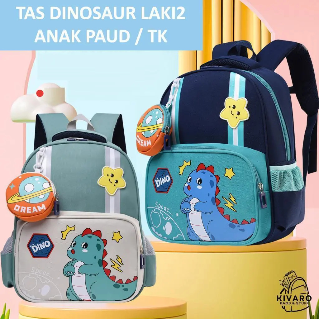 Kivaro DinoDream Tas Anak Laki Laki TK PAUD Motif Fashion 34cm + Bonus Pouch | 605 Kivaro Dinosaurus Ransel