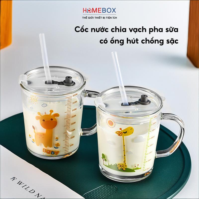 Cốc thuỷ tinh chia vạch pha sữa cho bé Bình nước tập uống có ống hút tay cầm dung tích lớn 400ml