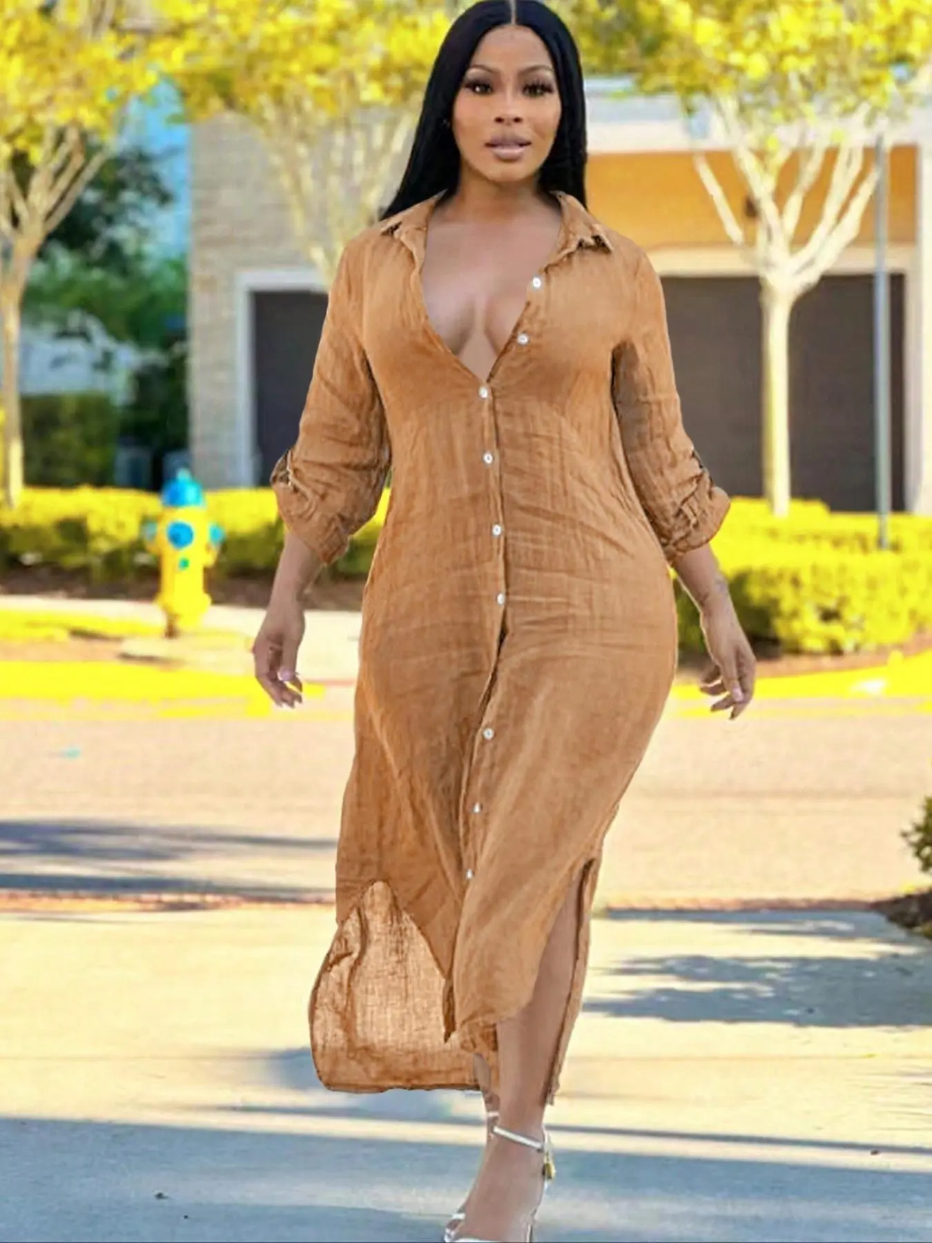 Women's Plain Button Front Split Hem Shirt Dress, Casual Collared Long Dress for Summer, Ladies Clothes for Daily Wear
