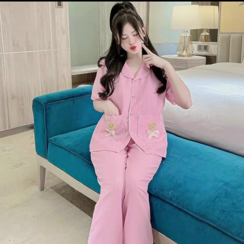 Product Introduction of Bộ Ngủ Đồ Bộ Pyjama Cổ Vets Quần Dài Aó Hai Túi Gấu Vải Đũi Gân Mềm Nhẹ 8