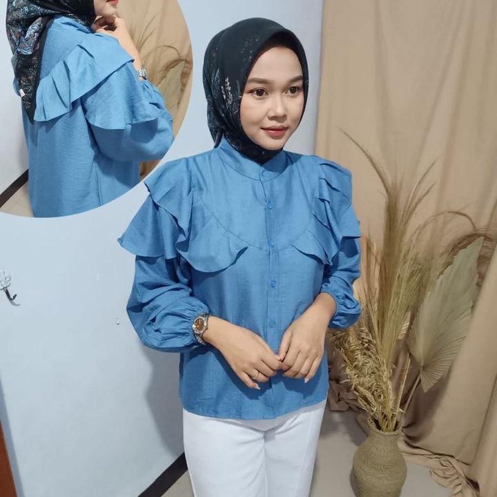 Blouse Rufle Polo Linen Rafella Atasan Wanita Baju Ruffle 1
