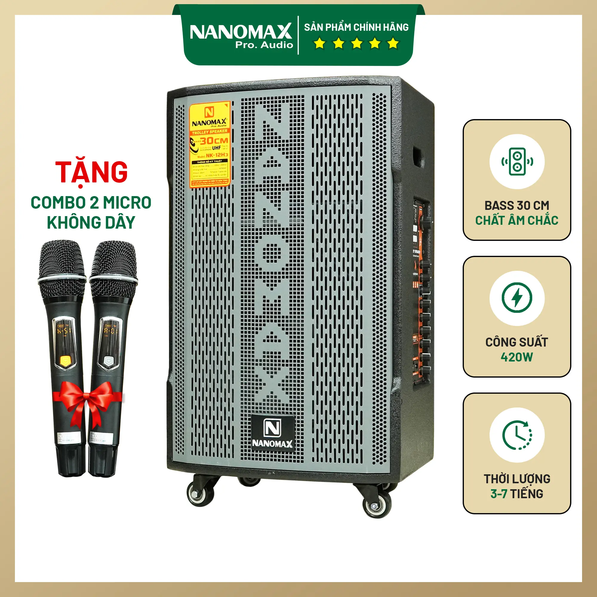 Loa Kéo Nanomax NK-12H3 Bass 30cm Công Suất 420w Tặng 2 Mic Bản Mới Chống Hú Tốt