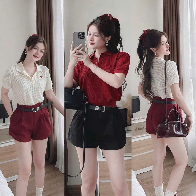 Sét áo xốp ren lỗ đính tim quần kaki có túi lưng thun kèm dây nịt nữ tính dịu dàng sang chảnh quyến rủ phù hợp với mọi phong cách.