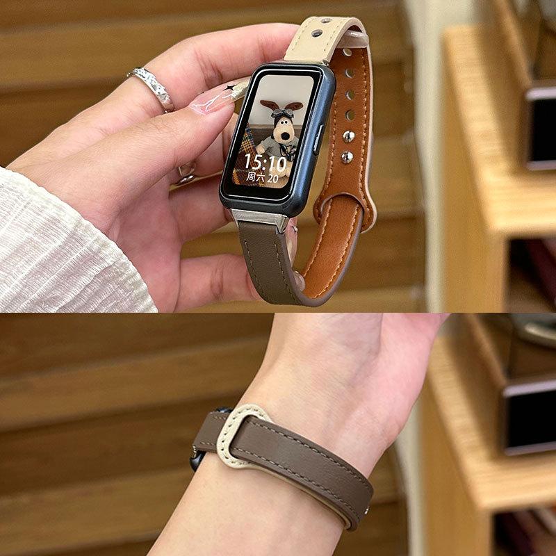 Soft Leather Strap for Huawei Band 10 9 8 Strap Sport Replacement Watchbands Metal Double Nail Buckle Brecelet Wanita Band Wristband Tali Jam Tangan Smartwatch for Huawei Band 10 9 8 NFC