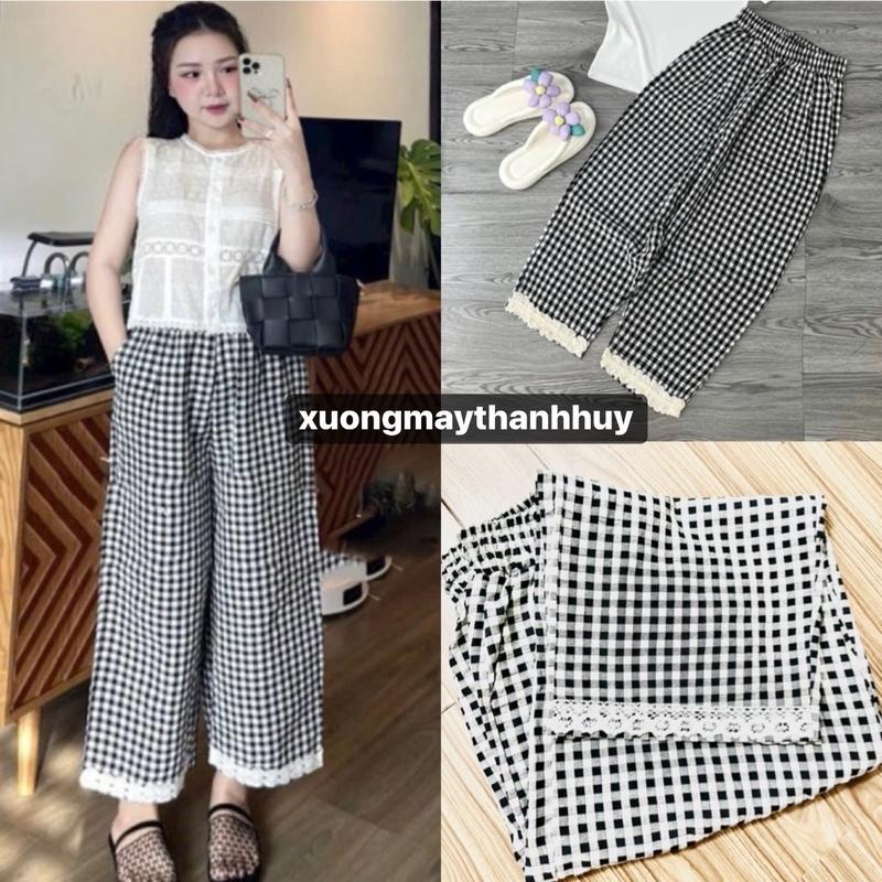 Quần ống suông kẻ caro viền ren quần ống đứng cạp chun chất đũi kẻ-112