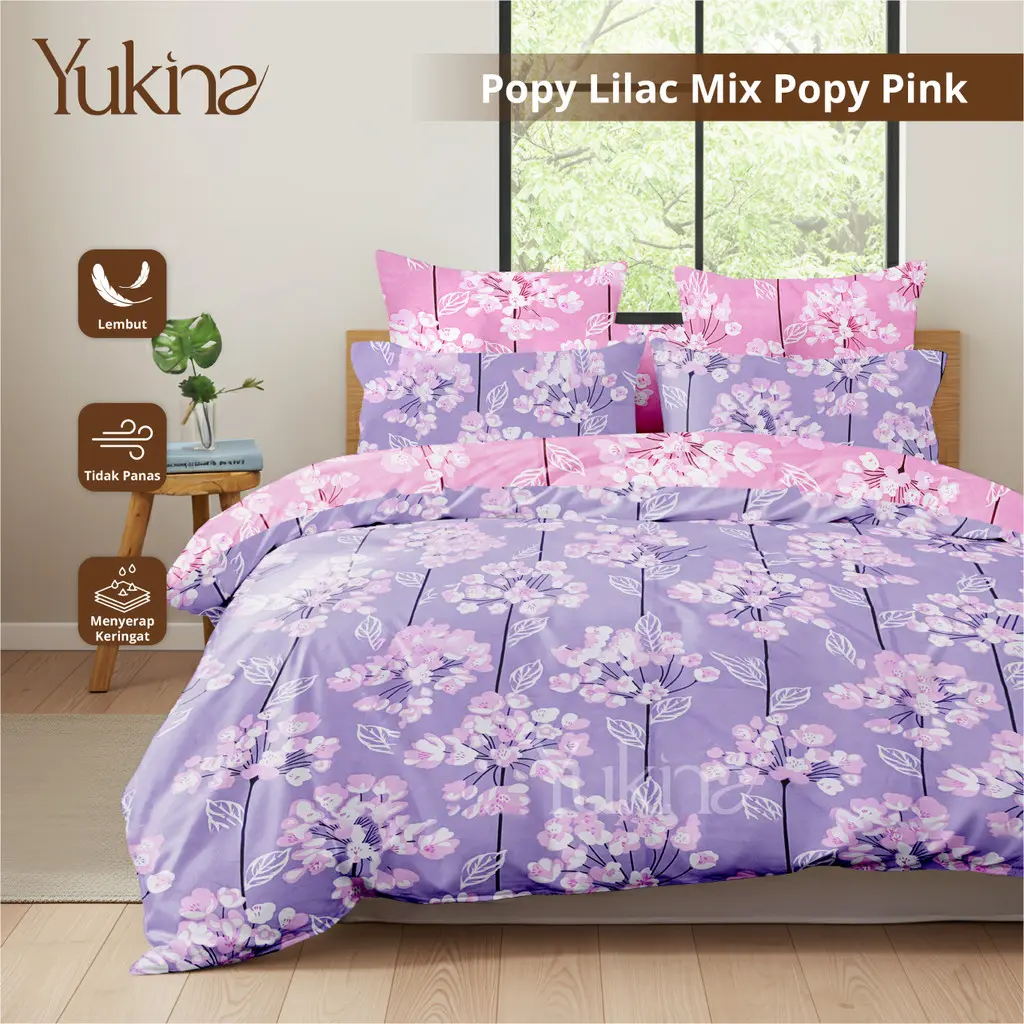 Bed Cover Set Sprei Popy Lilac Mix Popy Pink Ukuran Lengkap 180x200 160x200 120x200 - Yukina Bedcover