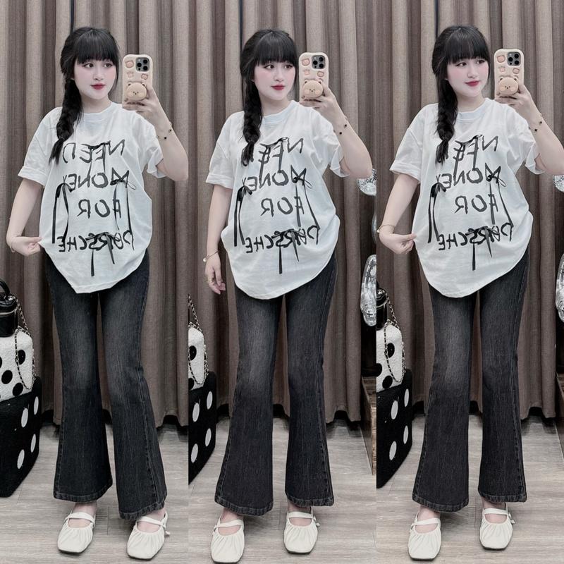 (TRINH MIT ) Quần Bò Bầu Ống Loe Màu Đen Phối Loang M128