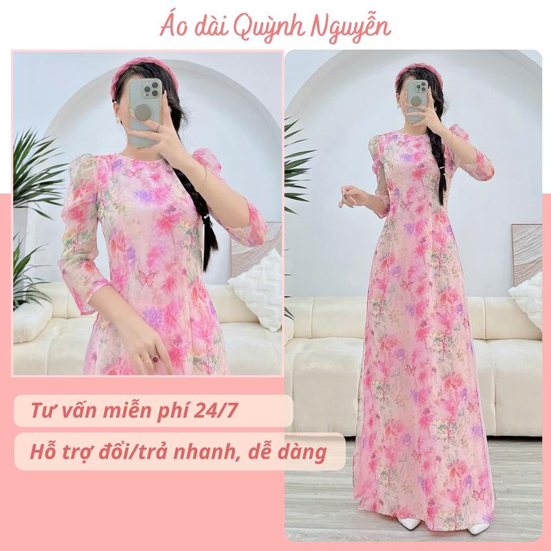 Áo dài nữ thiết kế tơ ép 4 tà màu hồng phấn - MÃ TK156 Women Dress Women Nhung Kem Sen