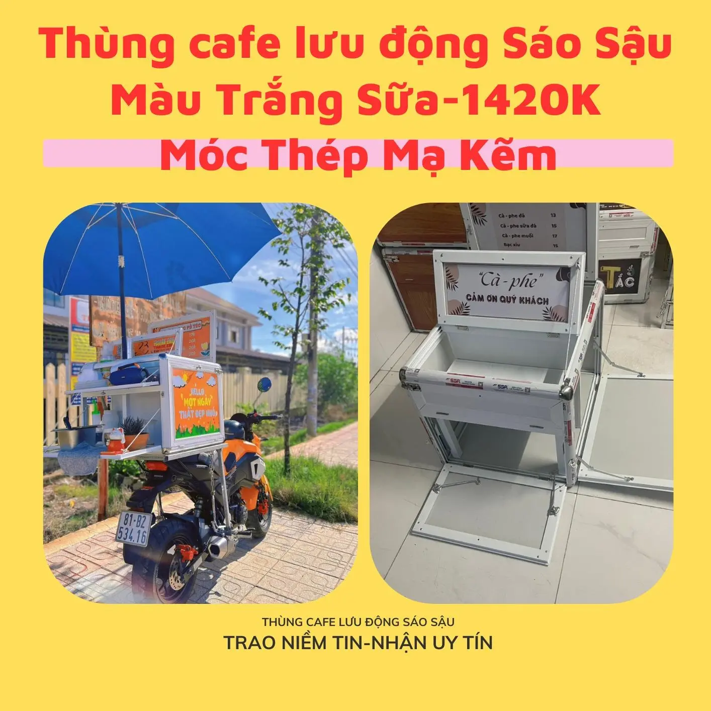 Thùng cà phê lưu động SÁO SẬU 60x50x45 trắng sữa, Móc thép mạ kẽm