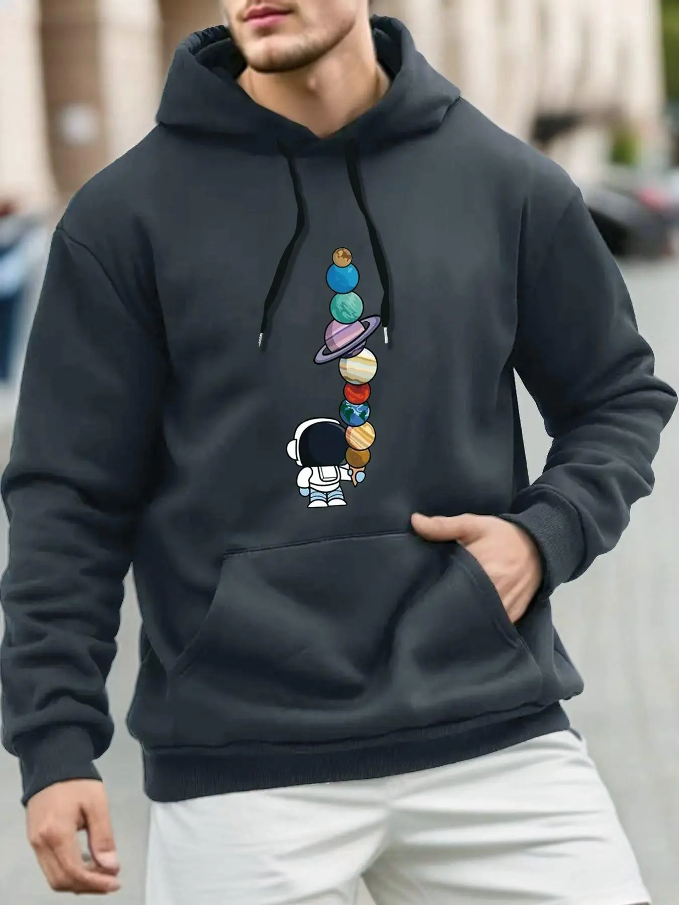 Men's Planet & Astronaut Print Drawstring Hoodie, Regular Fit Casual Pocket Long Sleeve Hooded Sweatshirt, Men Clothes for Fall & Winter Daily Wear,  Time Space Clothing