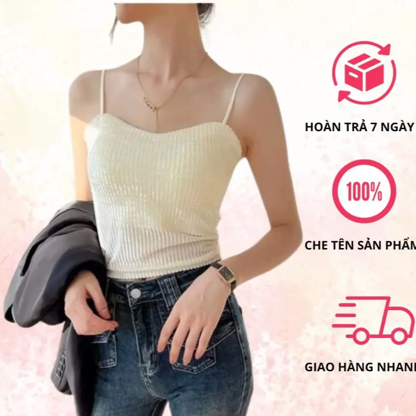 Áo Bra Áo 2 Dây Nhung Mềm Mịn Không Gọng Có Đệm Ngực Bling Bling Trẻ Trung Cho Nữ Tạo dáng gọng tự nhiên Trơn Cotton