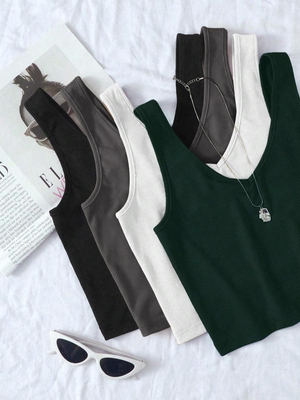 Women's Solid V Neck Crop Tank Top, Summer Clothes for Girls Women, Casual Sleeveless Ribbed Top for Summer, Ladies Clothes for Daily Wear 3