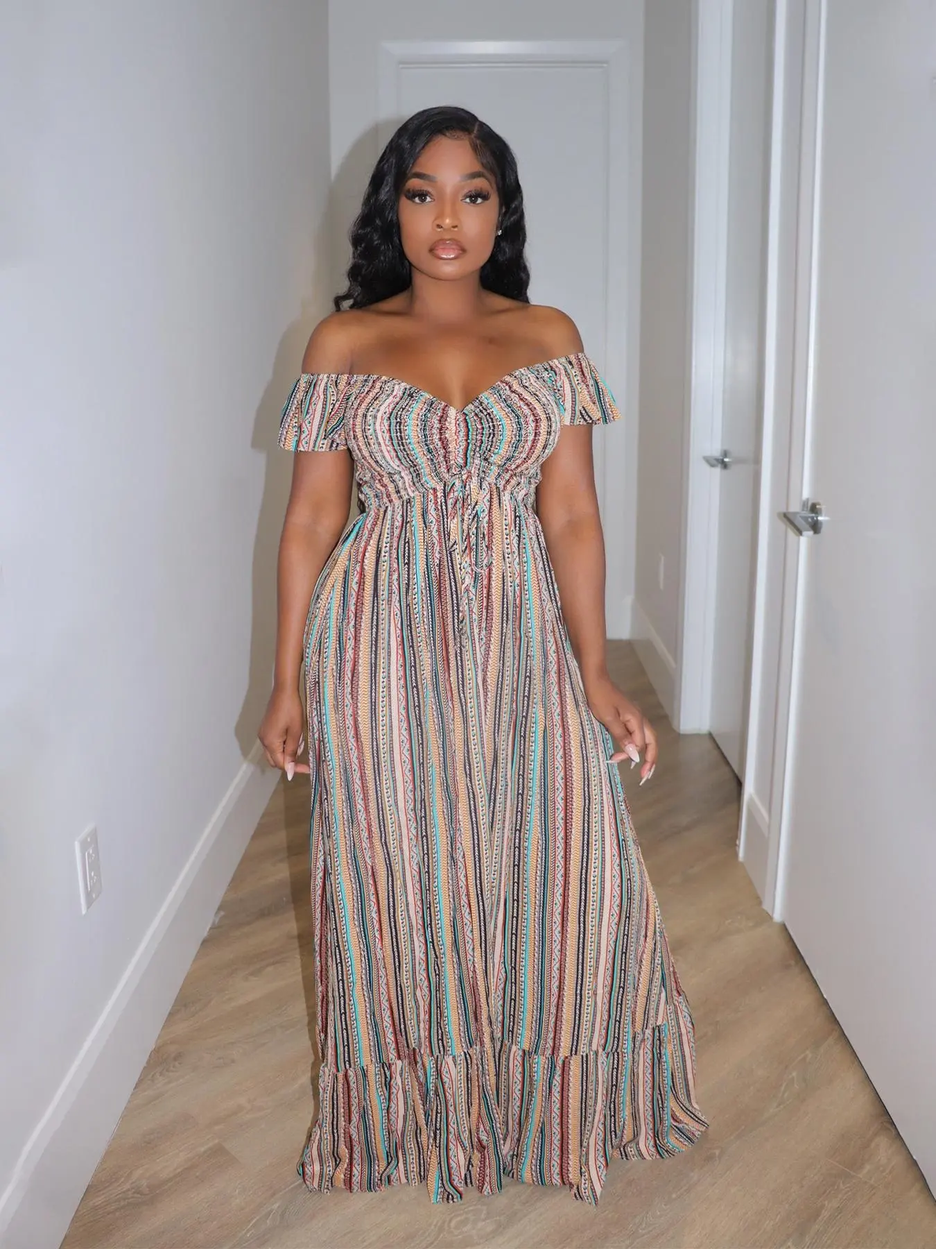 Women's Striped Print Off Shoulder Dress, Casual Fashion Dress for Daily Holiday Vacation Wear, Women Clothes for Summer