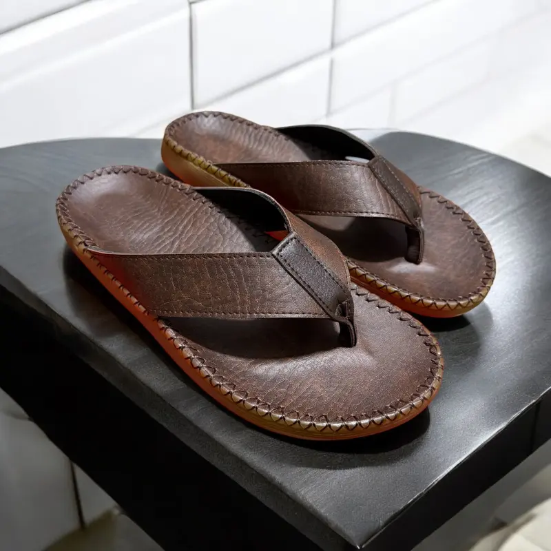 Dép kẹp da nam, đế cao su khâu toàn thân đế chống trơn 4