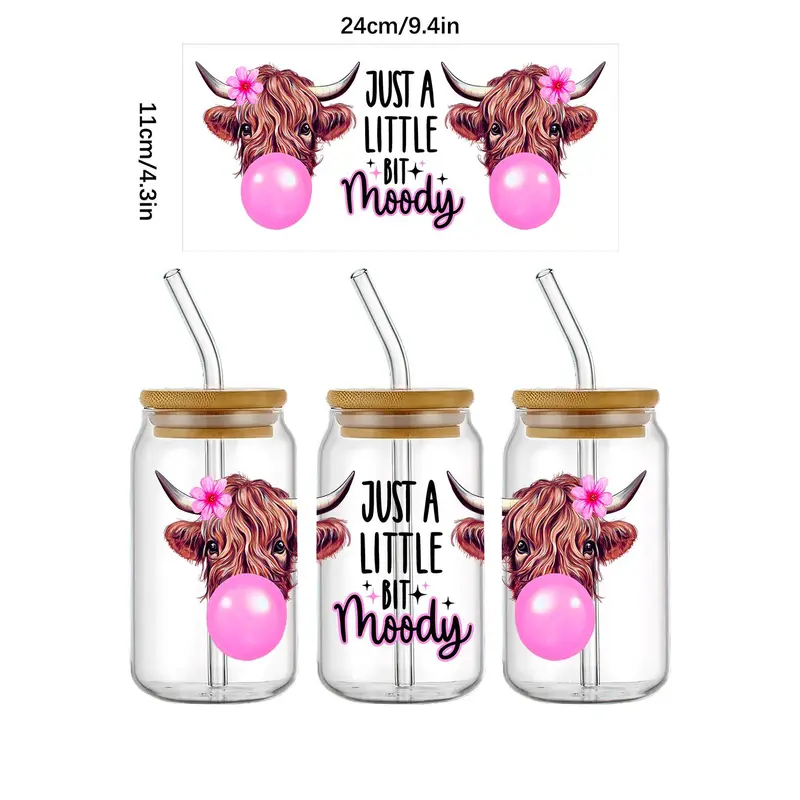Cow Pattern UV DTF Cup Wraps Transfer Sticker, 4 Counts/set Waterproof Crystal Sticker for Cup Bottle, DIY Scratch Resistant Transfer Decals for Gift 3