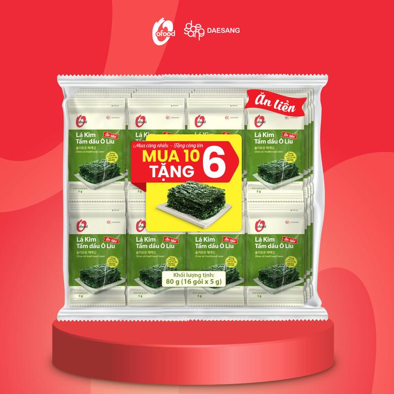 Lốc 16 gói lá kim tẩm dầu oliu 5g O'food ăn vặt