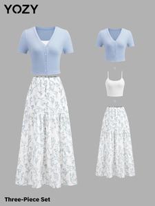YOZY Women's Plain Crop Button Front Cami Top & Short Sleeve Jacket & Floral Print Skirt Three-piece Set, Casual Fashion Cozy Three Piece Outfits for Daily Outdoor Wear, Ladies Clothes for All Seasons