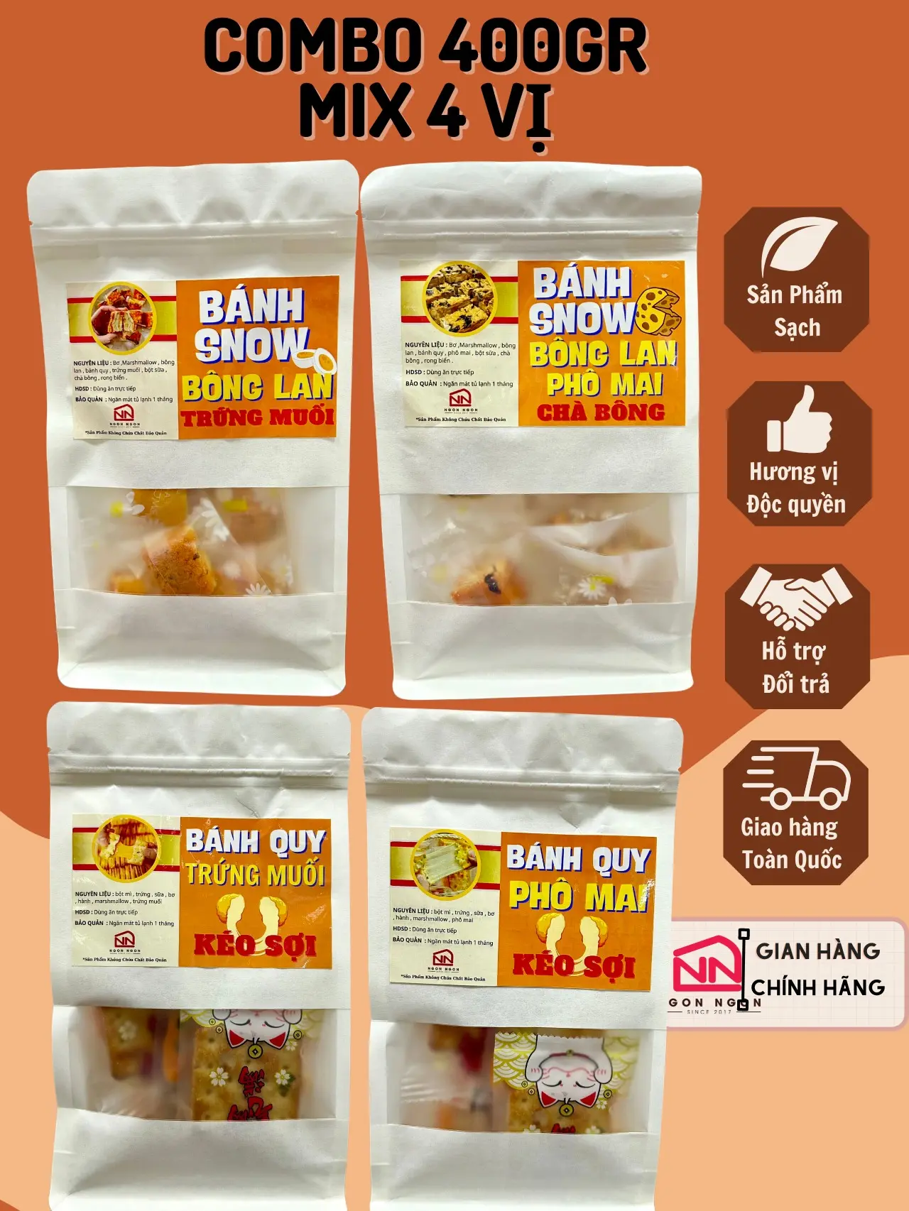 (COMBO 400GR MIX 4 VỊ) 100gr Snow Trứng Muối (9-10 bánh) + 100gr Snow Phô Mai  (9-10 bánh) + 100gr Hành Phô Mai(5-6 bánh) + 100gr Hành Trứng Muối (5-6 bánh), Đồ Ăn Vặt SNACK Food Thức Ăn   Nuts Cake