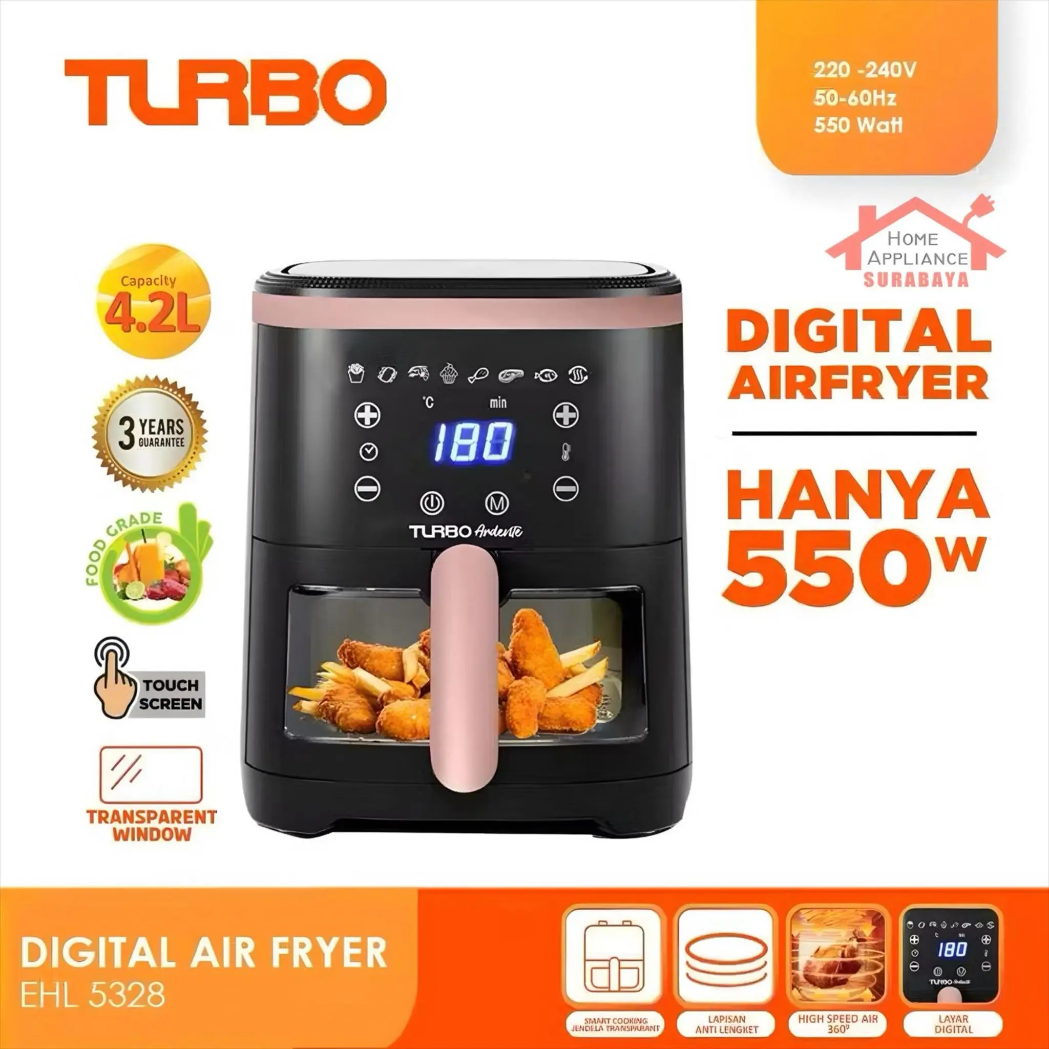 TURBO Air Fryer Digital 4.2 Liter 7 IN 1 Transparent Window 550 Watt EHL-5328 / EHL5328