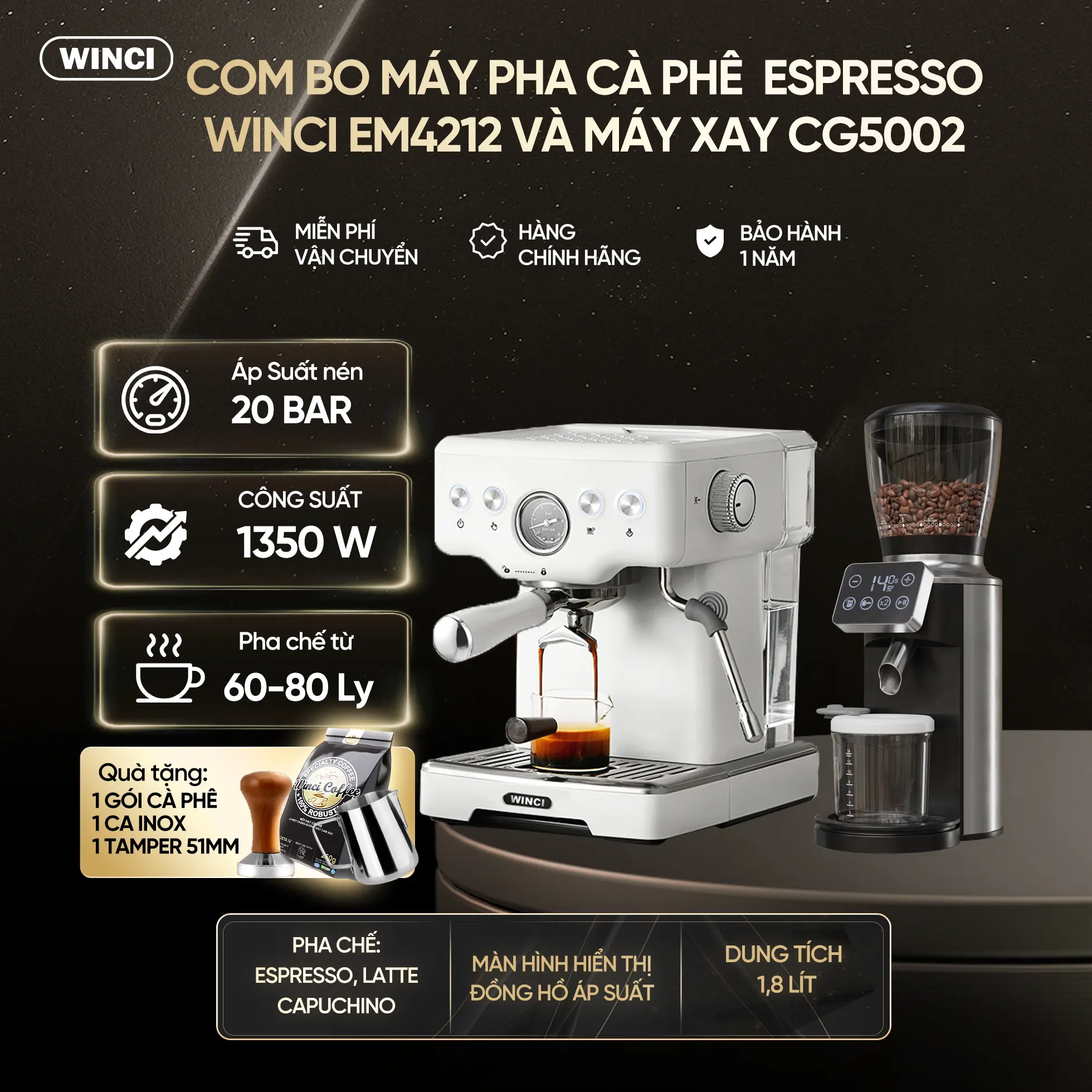 COMBO Máy Pha Cà Phê Espresso Winci EM4212 Máy xay cà phê Winci CG5002, Pha Cafe Tự Động, Công Suất 1350w, Áp Suất 20Bar, tặng 1 gói cafe , 1 ca inox Máy Xay Cà Phê Xay Cà Phê