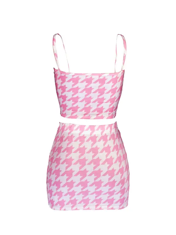 Houndstooth Print Crop Cami Top & High Waist Short Skirt Set, Mean Girls Comfort Printed Spaghetti Strap Crop Top & High Rise Elastic Waist Skirt for Summer 3