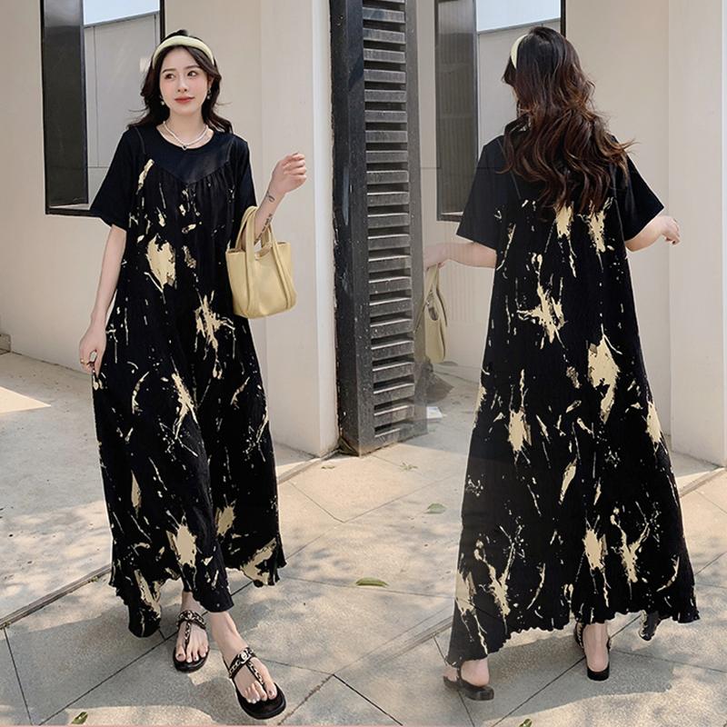 T279 Váy Suông Quảng Châu Cách Điệu Yếm 2 Dây Màu Đen Loang Be Trẻ Trung Cá Tính Đi Chơi Đầm Nữ