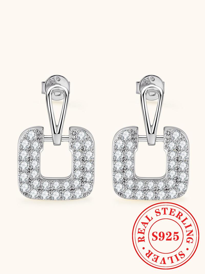Product Introduction of S925 Sterling Silver Fashion Square Shaped Earrings, 2024 New Style Synthetic Moissanite Decorated Earrings, Trendy All-match & Exquisite Jewelry for Birthday Gift 2