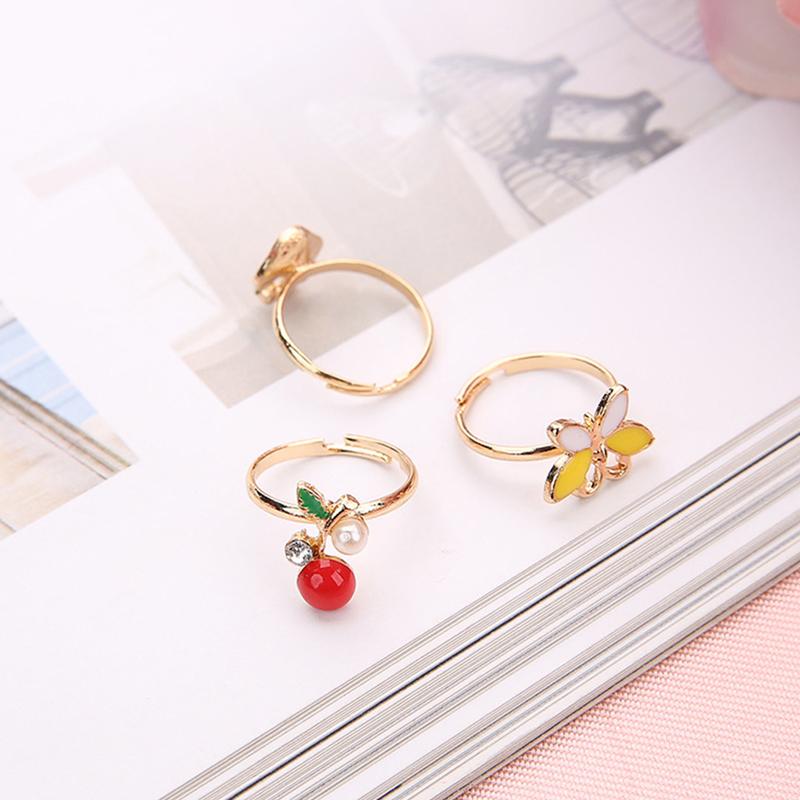 36x/Set Novelty Adjustable Cartoon Ring Flower Animal Adjustable Alloy Kids Ring 6