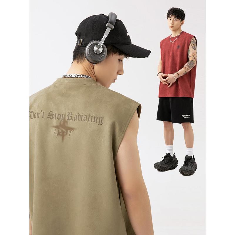 Lotin Suede Thin Sports Vest Men's 2024 Summer New Sleeveless T-shirt American Letter Printed Casual Waistcoat 0
