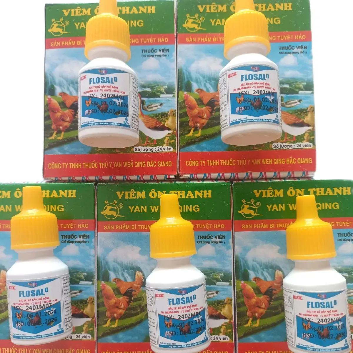 Combo FLOSAL 10ml+5 vĩ viêm ôn thanh 24 viên thuốc trị khò khè, sổ mũi, phân xanh, phân trắng trên gà, vịt